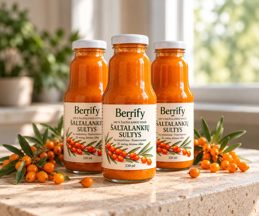 3 buteliai Berrify šaltalankių sulčių su minkštimu (330 ml)