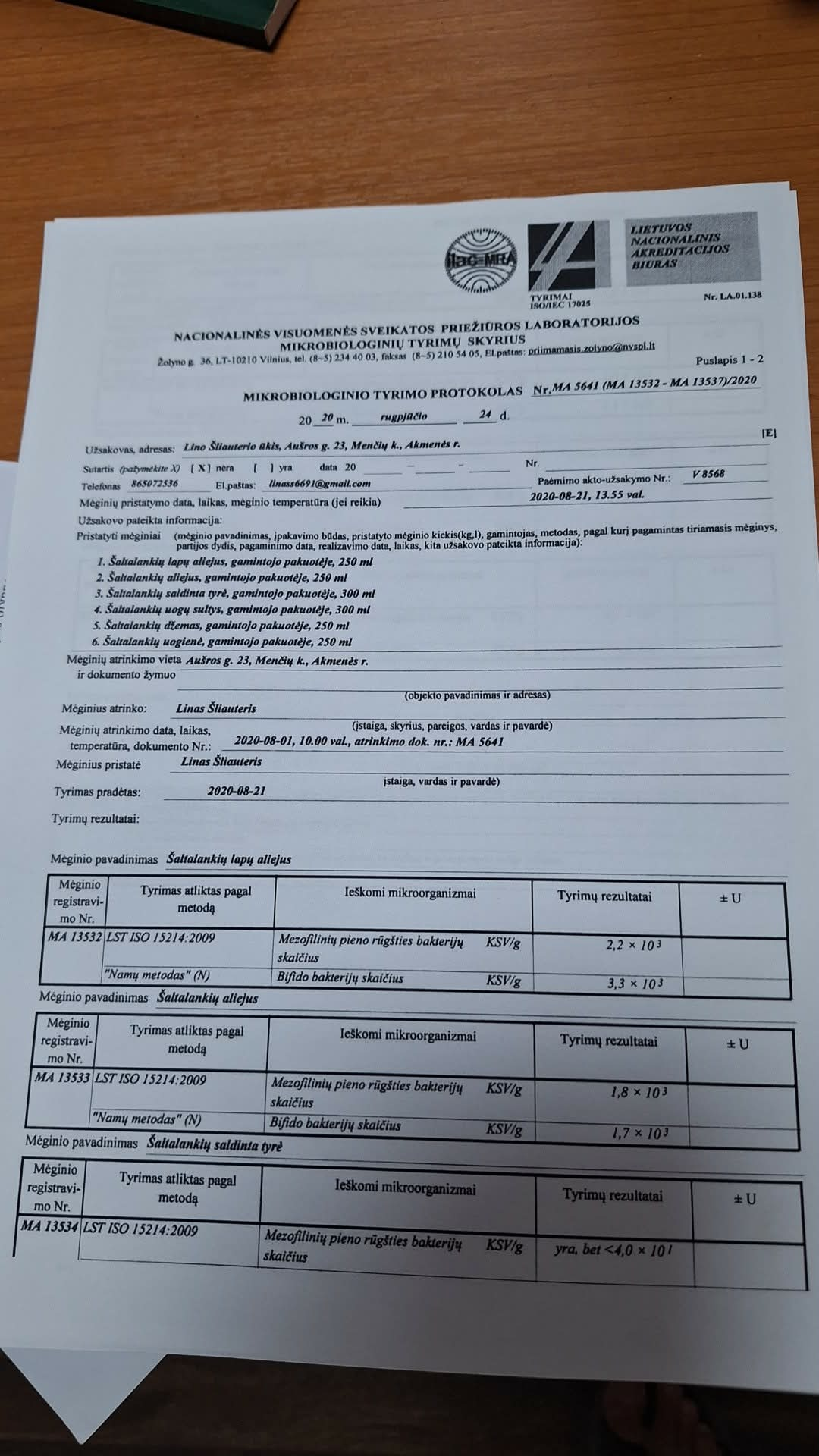 Nacionalinės visuomenės sveikatos priežiūros laboratorijos mikrobiologinio tyrimo protokolo MA 5641 nuotrauka