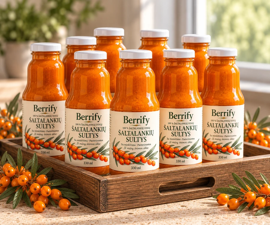 8 buteliai Berrify šaltalankių sulčių su minkštimu (330 ml)